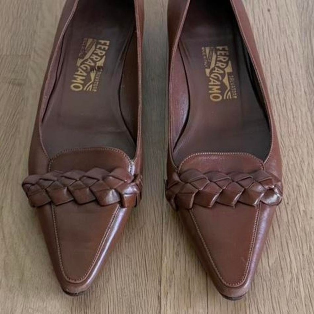 Vintage Salvatore Ferragamo Brown Leather Woven Pointed Flats Classic Size 8.5 - Picture 4 of 7